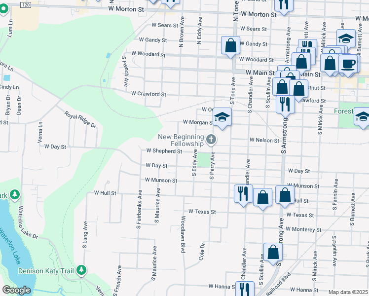 map of restaurants, bars, coffee shops, grocery stores, and more near 1319 West Shepherd Street in Denison
