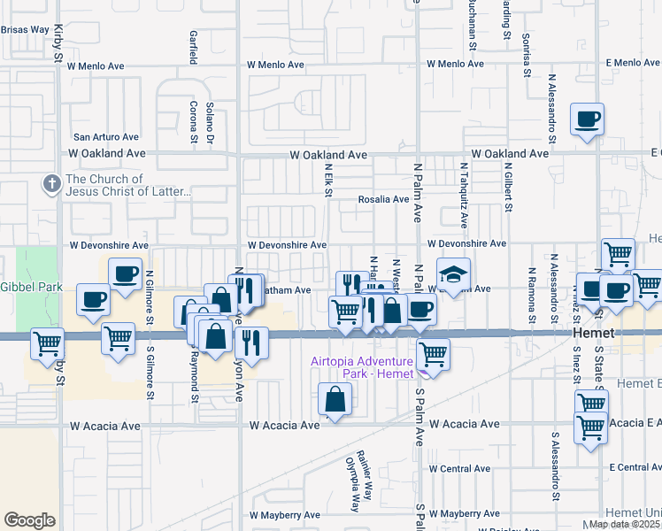 map of restaurants, bars, coffee shops, grocery stores, and more near 252 North Elk Street in Hemet