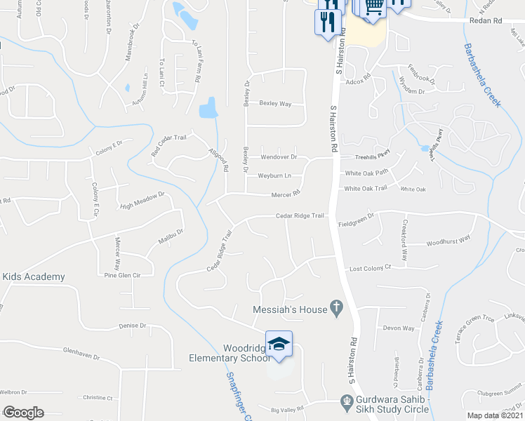 map of restaurants, bars, coffee shops, grocery stores, and more near 4590 Cedar Ridge Trail in Stone Mountain