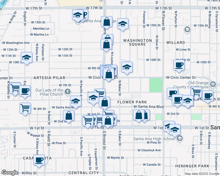 map of restaurants, bars, coffee shops, grocery stores, and more near 611 North Bristol Street in Santa Ana