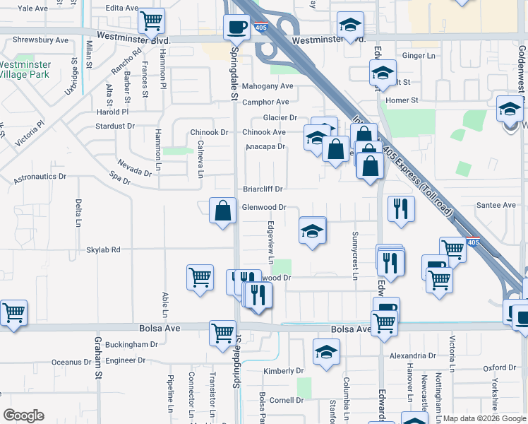 map of restaurants, bars, coffee shops, grocery stores, and more near 6081 Hardwick Circle in Huntington Beach