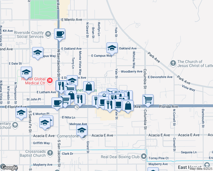 map of restaurants, bars, coffee shops, grocery stores, and more near 1890 Mayflower Place in Hemet