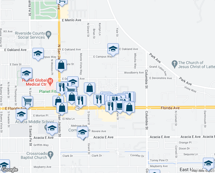 map of restaurants, bars, coffee shops, grocery stores, and more near 1944 Mayflower Place in Hemet