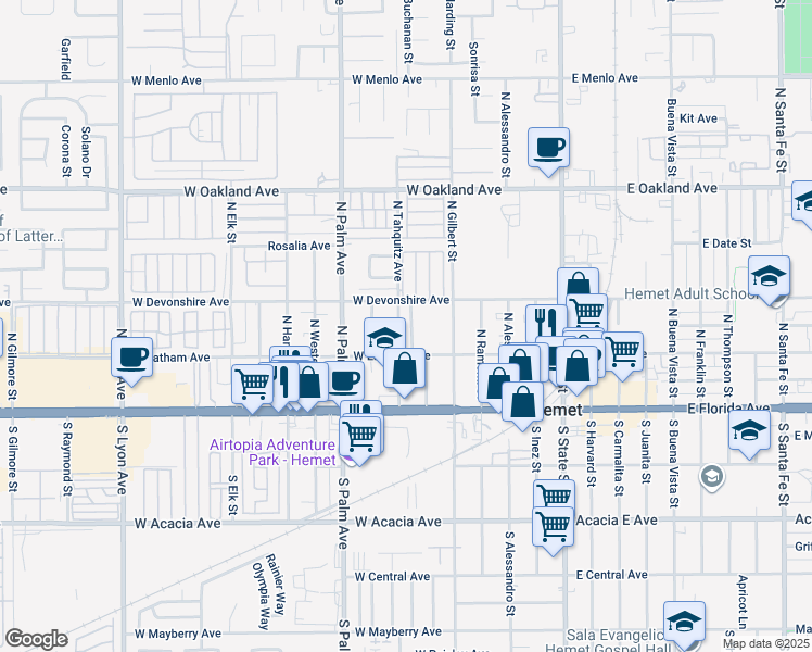 map of restaurants, bars, coffee shops, grocery stores, and more near 250 North Tahquitz Avenue in Hemet
