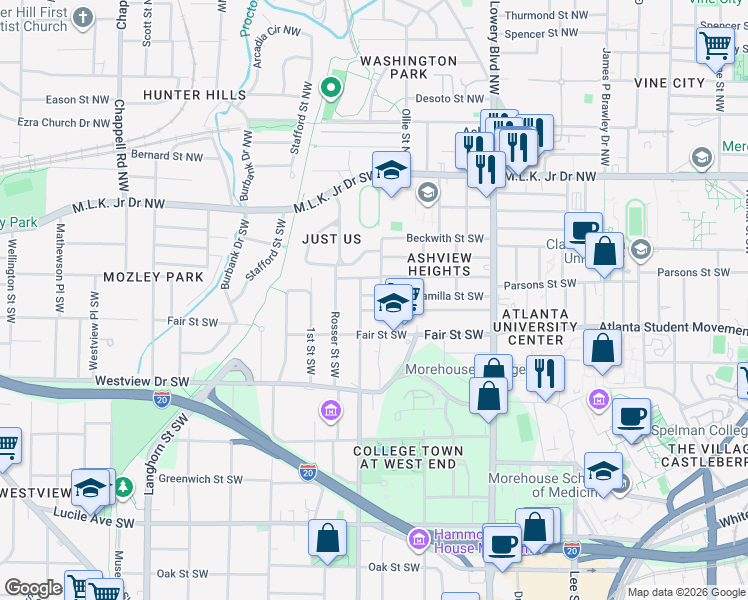 map of restaurants, bars, coffee shops, grocery stores, and more near 1077 Ashby Grove Southwest in Atlanta