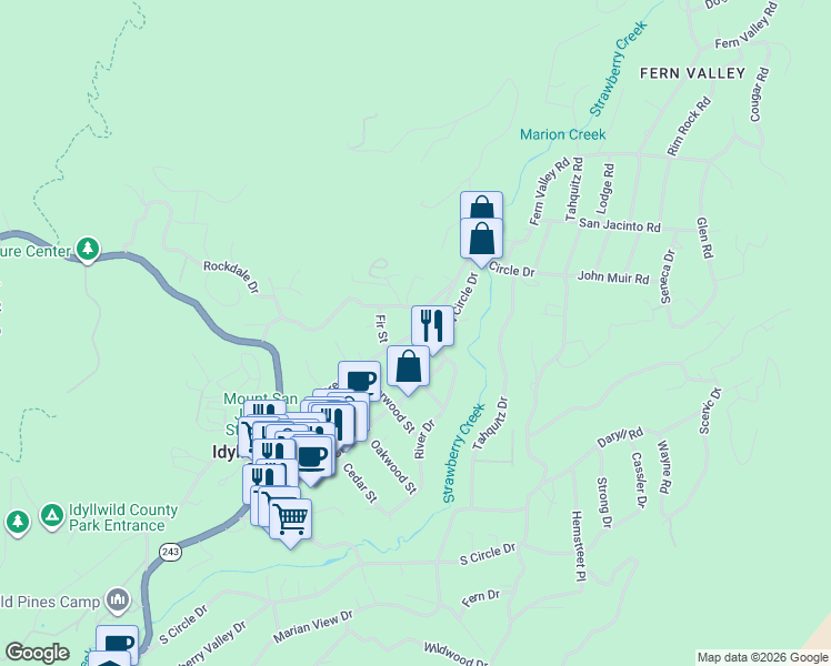 map of restaurants, bars, coffee shops, grocery stores, and more near Pine Crest Avenue in Idyllwild-Pine Cove