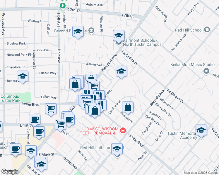 map of restaurants, bars, coffee shops, grocery stores, and more near 12791 Elizabeth Way in Tustin
