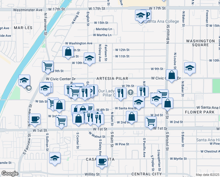 map of restaurants, bars, coffee shops, grocery stores, and more near 605 Fairlawn Avenue in Santa Ana