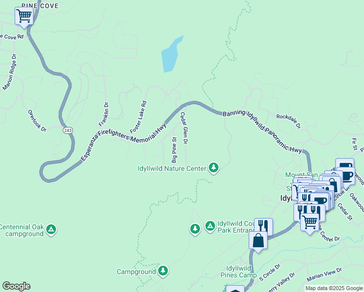map of restaurants, bars, coffee shops, grocery stores, and more near 25607 Cedar Glen Drive in Idyllwild-Pine Cove