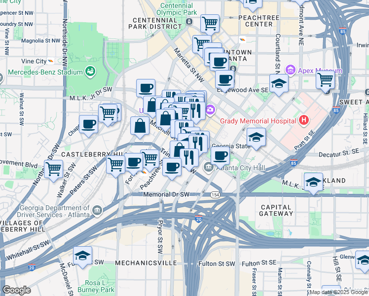 map of restaurants, bars, coffee shops, grocery stores, and more near 158 Peachtree Street Southwest in Atlanta