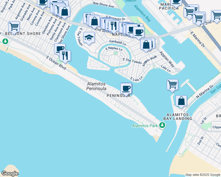 map of restaurants, bars, coffee shops, grocery stores, and more near 37 58th Place in Long Beach