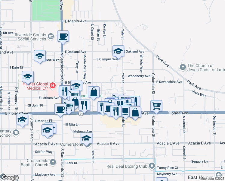 map of restaurants, bars, coffee shops, grocery stores, and more near 1890 Mayflower Place in Hemet