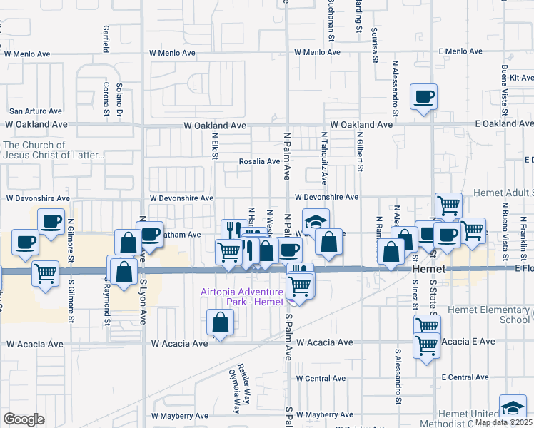 map of restaurants, bars, coffee shops, grocery stores, and more near 227 North Western Avenue in Hemet