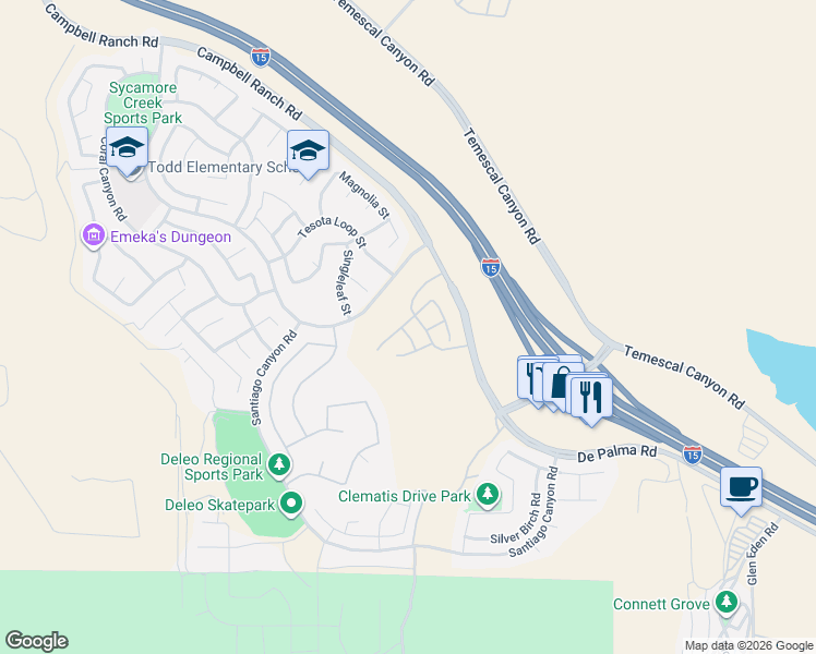 map of restaurants, bars, coffee shops, grocery stores, and more near 25432 Jack Rabbit Lane in Corona
