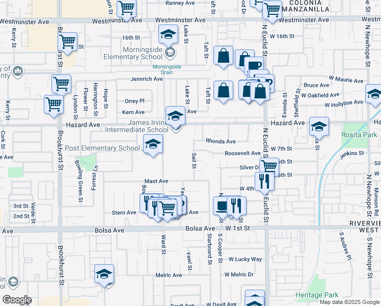 map of restaurants, bars, coffee shops, grocery stores, and more near 14642 Sail Street in Garden Grove