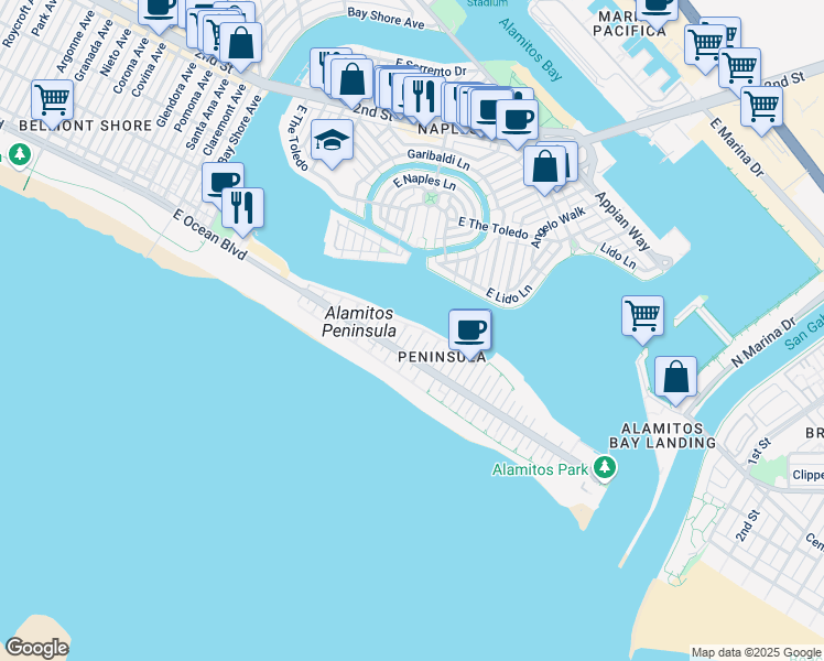 map of restaurants, bars, coffee shops, grocery stores, and more near 37 58th Place in Long Beach