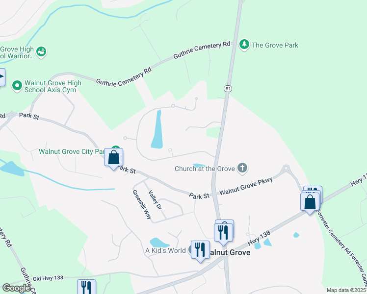 map of restaurants, bars, coffee shops, grocery stores, and more near 2101 Emerald Drive in Walnut Grove