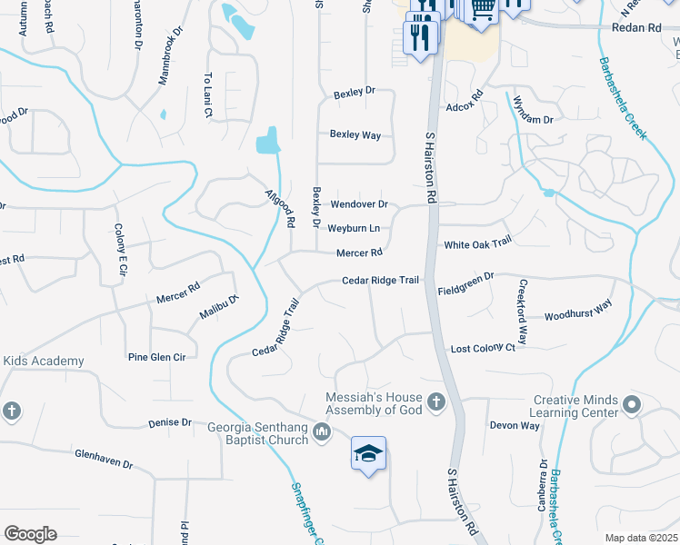 map of restaurants, bars, coffee shops, grocery stores, and more near 4590 Cedar Ridge Trail in Stone Mountain
