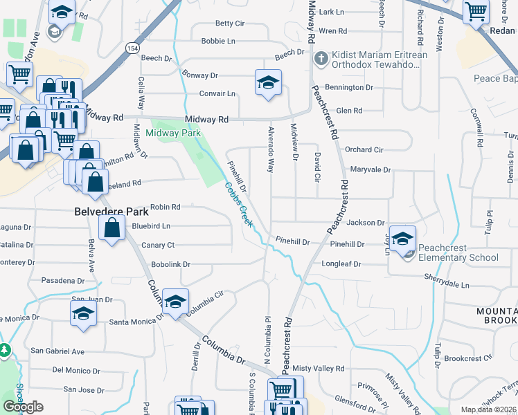 map of restaurants, bars, coffee shops, grocery stores, and more near 3252 Pinehill Drive in Decatur
