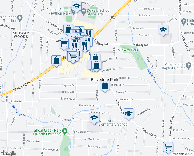 map of restaurants, bars, coffee shops, grocery stores, and more near 3044 Belvedere Lane in Decatur