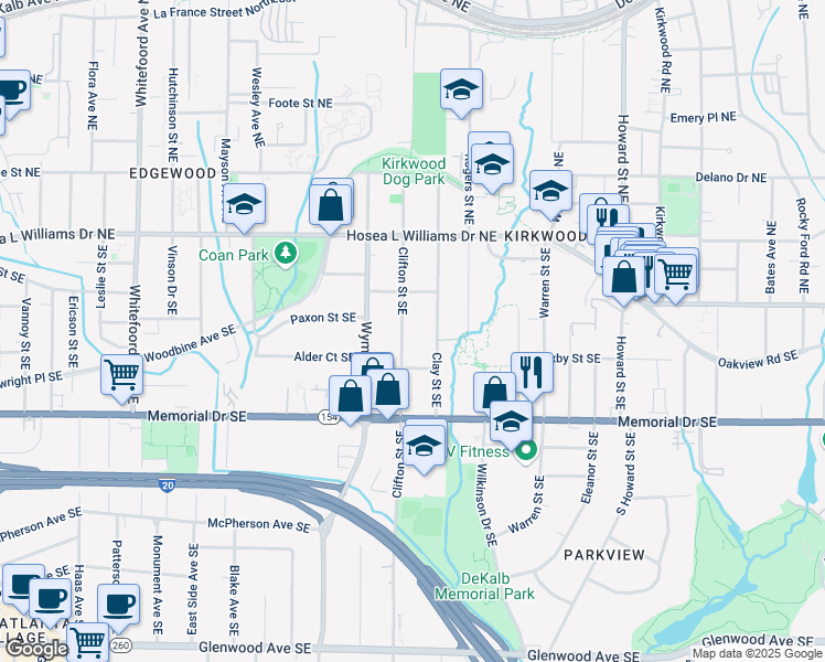 map of restaurants, bars, coffee shops, grocery stores, and more near 108 Clifton Street Southeast in Atlanta