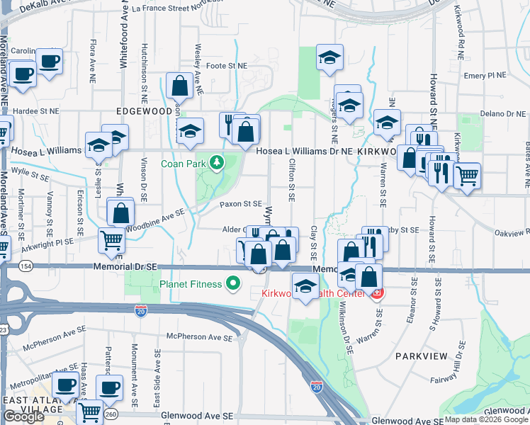 map of restaurants, bars, coffee shops, grocery stores, and more near 124 Wyman Street Southeast in Atlanta