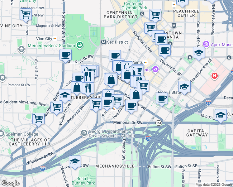map of restaurants, bars, coffee shops, grocery stores, and more near 275 Spring Street Southwest in Atlanta