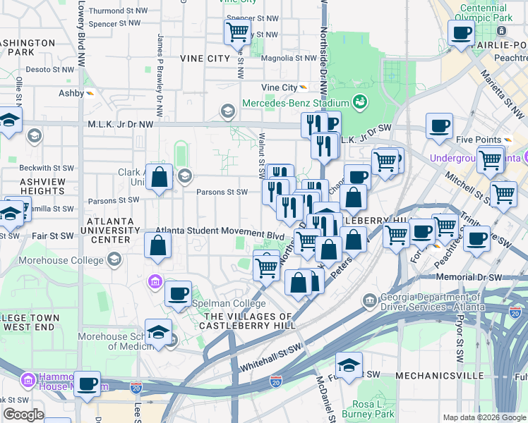 map of restaurants, bars, coffee shops, grocery stores, and more near 166 Walnut Street Southwest in Atlanta