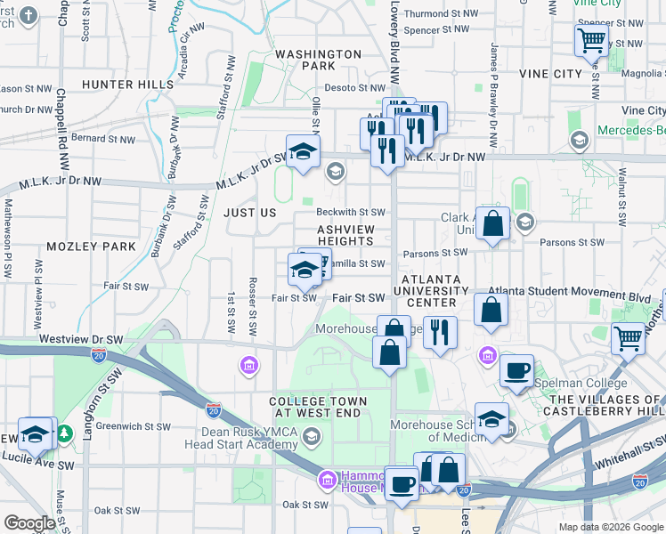 map of restaurants, bars, coffee shops, grocery stores, and more near 989 Ashby Grove Southwest in Atlanta