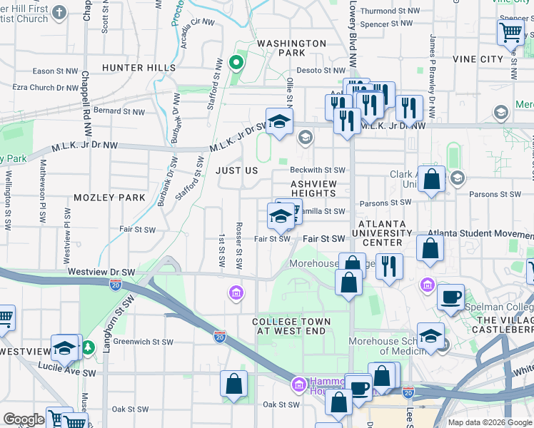map of restaurants, bars, coffee shops, grocery stores, and more near 1077 Ashby Grove Southwest in Atlanta