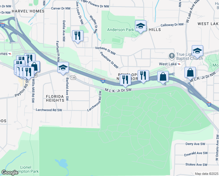 map of restaurants, bars, coffee shops, grocery stores, and more near 2105 Martin Luther King Junior Drive Southwest in Atlanta