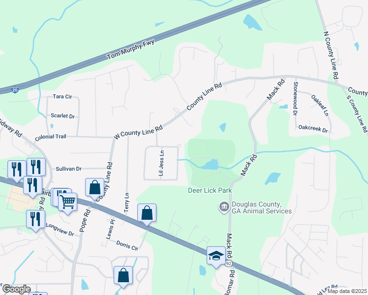 map of restaurants, bars, coffee shops, grocery stores, and more near 3648 East Melissa Lane in Douglasville