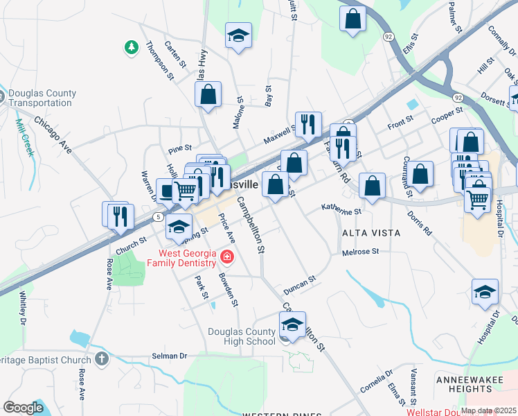 map of restaurants, bars, coffee shops, grocery stores, and more near 6585 Spring Street in Douglasville