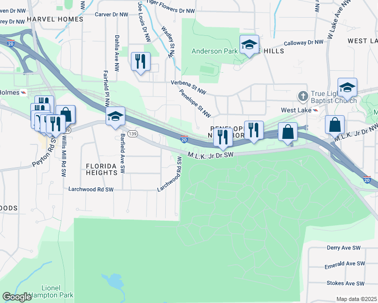 map of restaurants, bars, coffee shops, grocery stores, and more near 2105 Martin Luther King Junior Drive Southwest in Atlanta