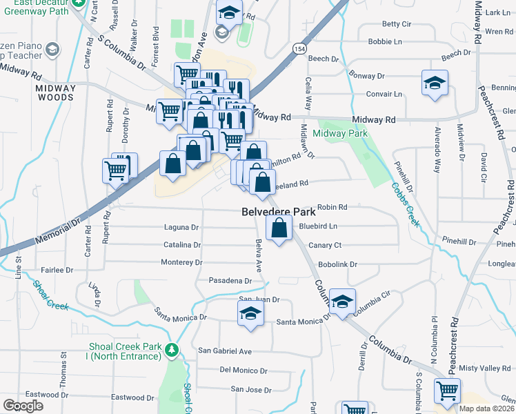 map of restaurants, bars, coffee shops, grocery stores, and more near 3044 Belvedere Lane in Decatur
