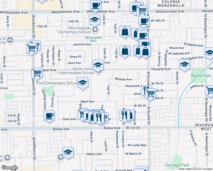 map of restaurants, bars, coffee shops, grocery stores, and more near 14642 Sail Street in Garden Grove