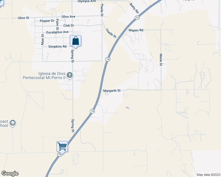 map of restaurants, bars, coffee shops, grocery stores, and more near California 74 in Perris