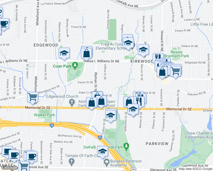map of restaurants, bars, coffee shops, grocery stores, and more near 108 Clifton Street Southeast in Atlanta