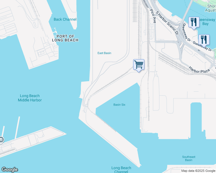 map of restaurants, bars, coffee shops, grocery stores, and more near 1231 Pier F Avenue in Long Beach