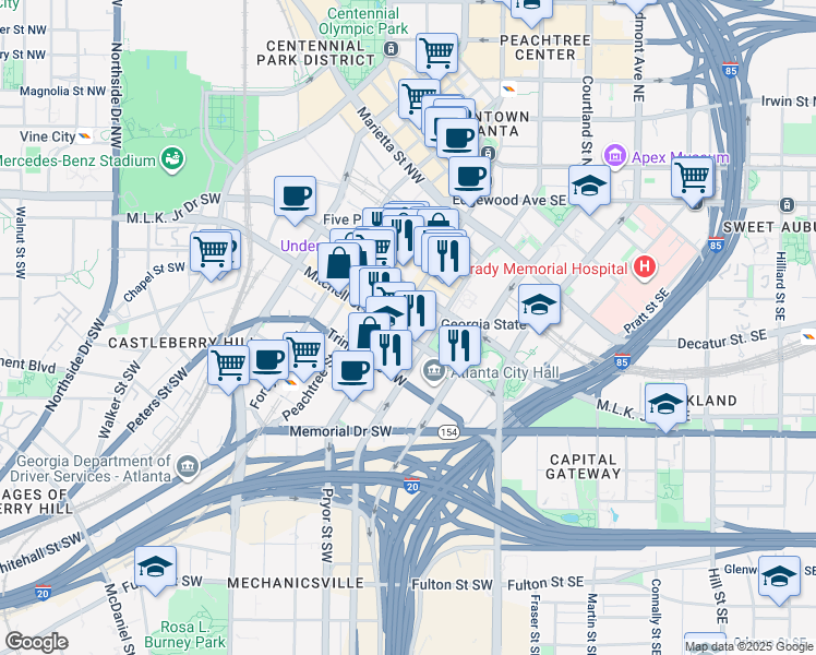 map of restaurants, bars, coffee shops, grocery stores, and more near 160 Pryor Street Southwest in Atlanta