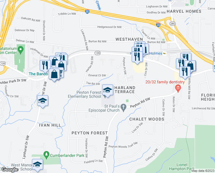 map of restaurants, bars, coffee shops, grocery stores, and more near 2780 Tee Road Southwest in Atlanta