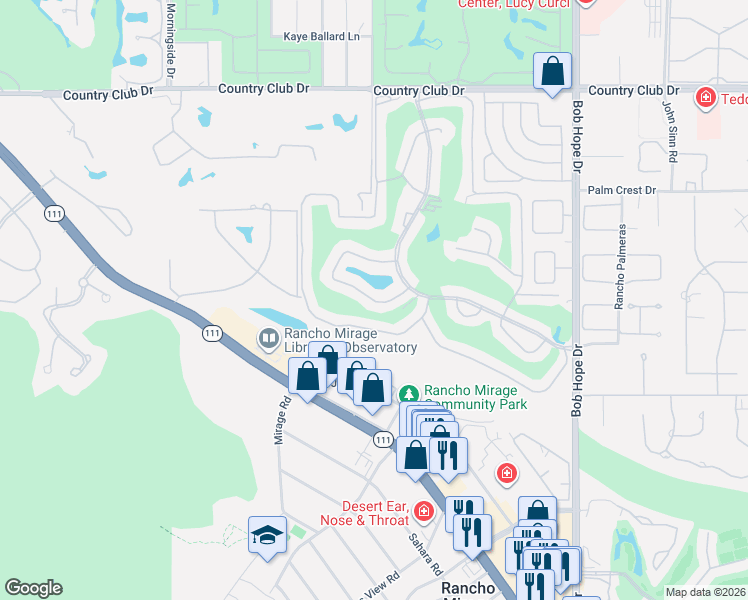 map of restaurants, bars, coffee shops, grocery stores, and more near 14 Palma Drive in Rancho Mirage