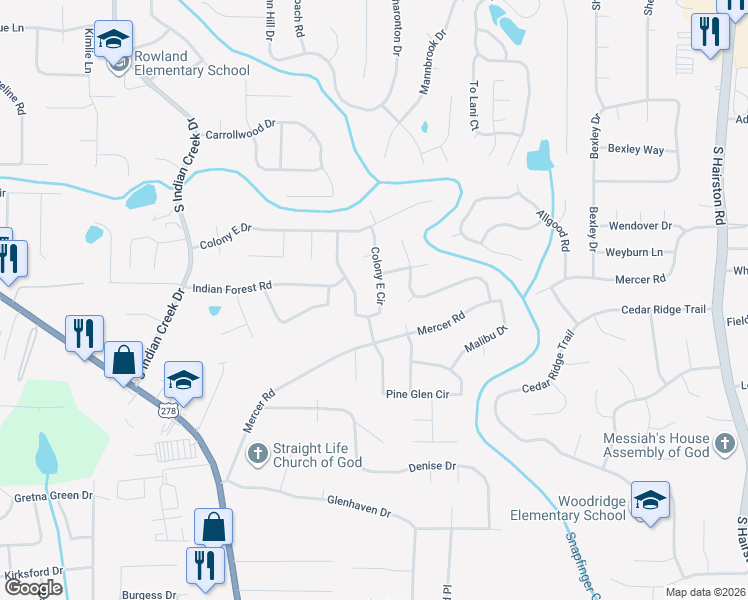 map of restaurants, bars, coffee shops, grocery stores, and more near 1517 Colony East Circle in Stone Mountain