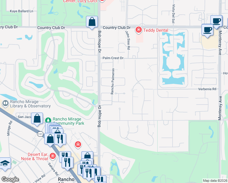 map of restaurants, bars, coffee shops, grocery stores, and more near 1 Via Perugia in Rancho Mirage