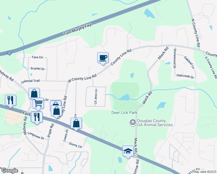 map of restaurants, bars, coffee shops, grocery stores, and more near 3648 East Melissa Lane in Douglasville