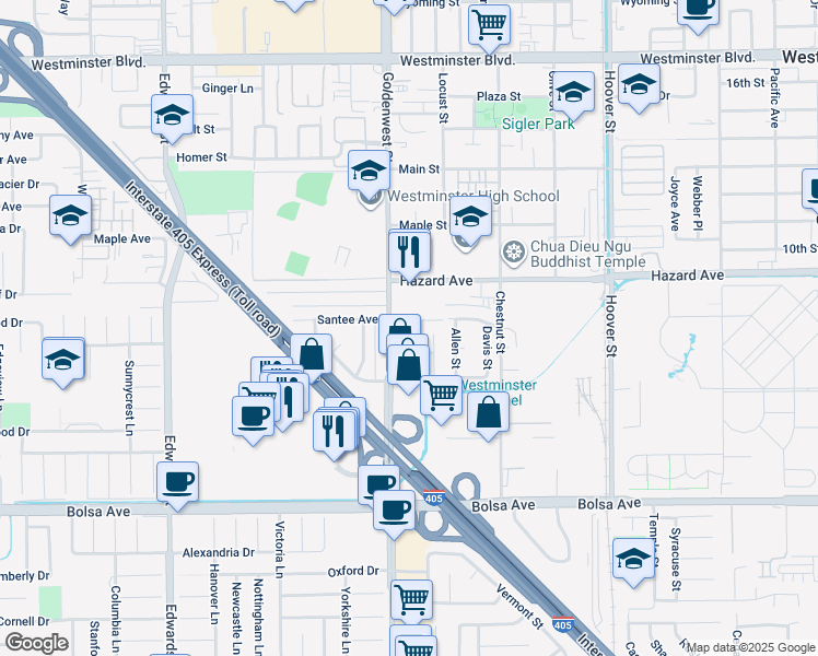 map of restaurants, bars, coffee shops, grocery stores, and more near 14632 Goldenwest Street in Westminster