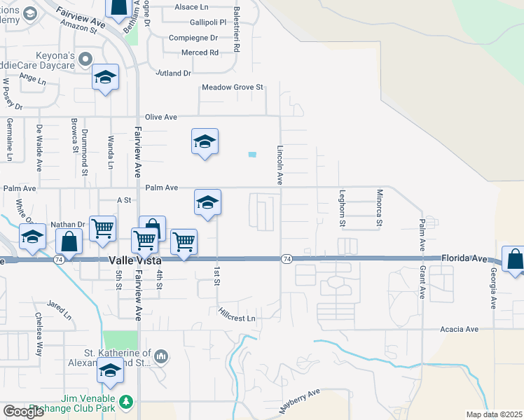 map of restaurants, bars, coffee shops, grocery stores, and more near 25521 Lincoln Avenue in Hemet