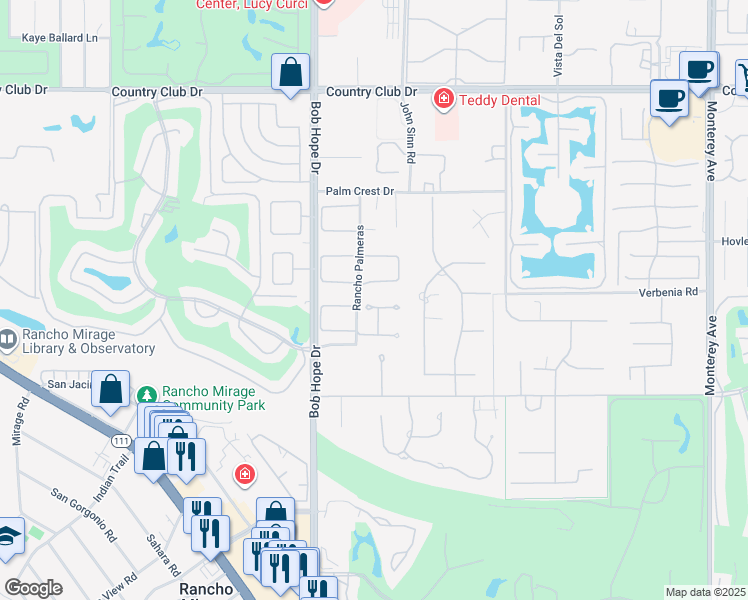 map of restaurants, bars, coffee shops, grocery stores, and more near 1 Via Perugia in Rancho Mirage
