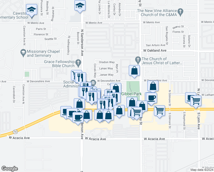map of restaurants, bars, coffee shops, grocery stores, and more near 2903 Carl Drive in Hemet