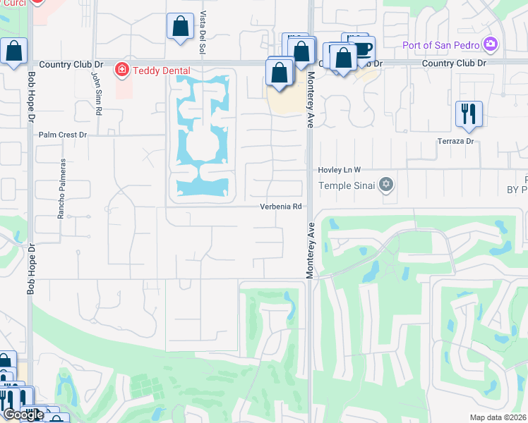 map of restaurants, bars, coffee shops, grocery stores, and more near 72741 Verbenia Road in Rancho Mirage